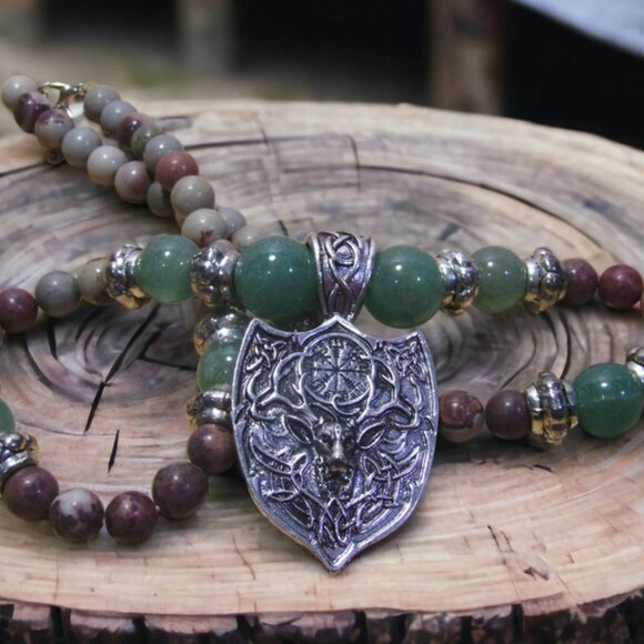 NEW Handmade Stag Deer Necklace with Green and Brown Gemstone Beads. - Picture 2 of 7